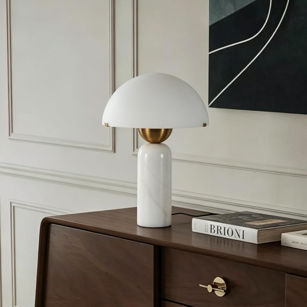 Modern Natural Marble Table Lamp Frosted Glass Shade White Marble Desk Lamp Dome Shaped Mid-Century Accent Lamp Living Room Side Lamps Bedroom Bedside Nightstand Light