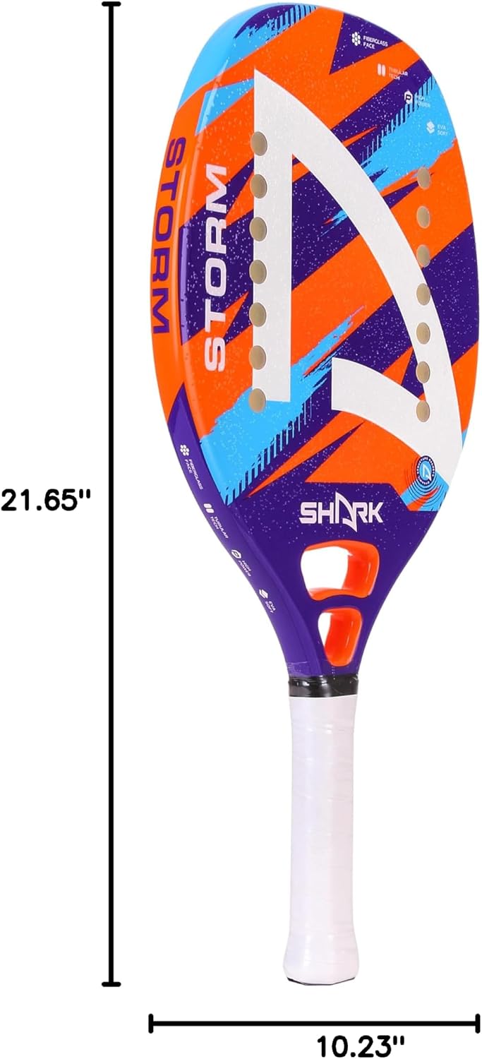 Shark Storm - Professional Beach Tennis Racket | Fiberglass Frame, EVA Soft Core | Beginner Level | Spin-Generating Micro-Granule Face Texture | Includes Cover