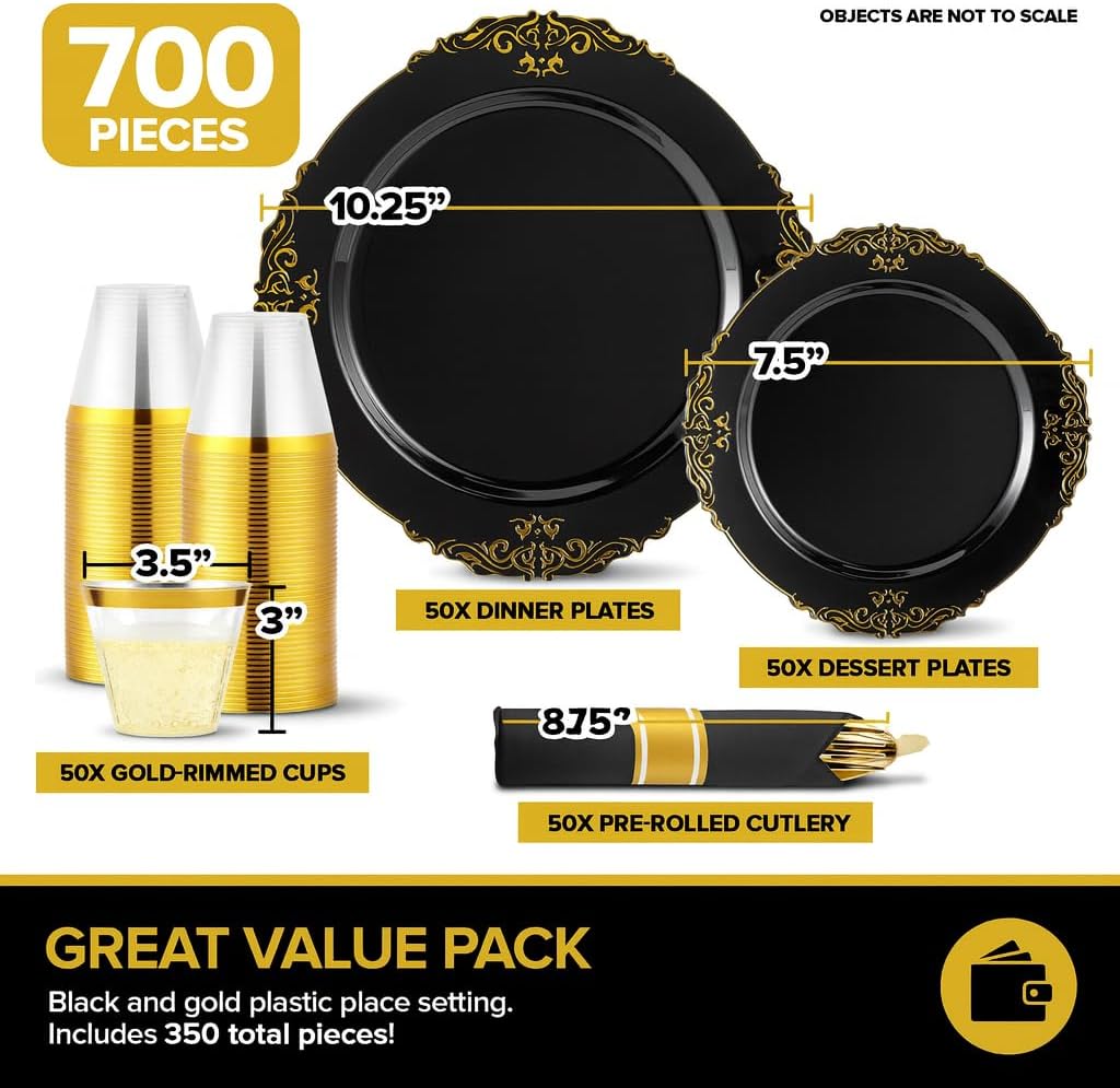 Stock Your Home Black and Gold Plates with Pre Rolled Cutlery Napkins and Cups 700 Piece Party Set for 100 Guests Wedding Bridal Shower Graduation
