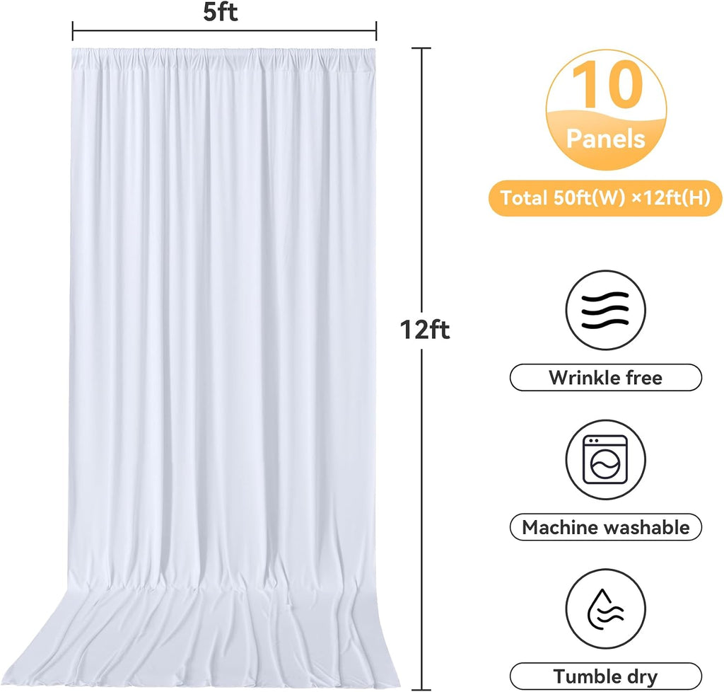 10 Panels 5x12ft White Backdrop Curtains for Wedding Parties, Wrinkle Free Polyester 12 ft Long Photo Backdrop Drapes Back Drop Cloth Drapery for Birthday Baby Shower Ceremony Photography Background