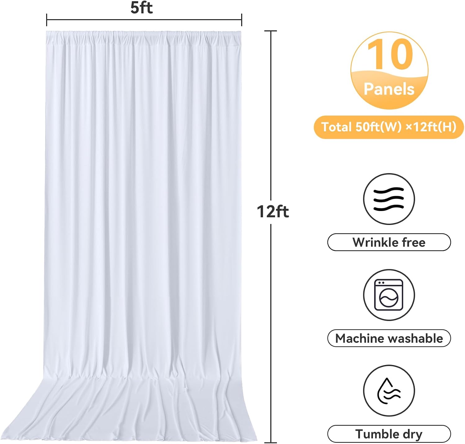 10 Panels 5x12ft White Backdrop Curtains for Wedding Parties, Wrinkle Free Polyester 12 ft Long Photo Backdrop Drapes Back Drop Cloth Drapery for Birthday Baby Shower Ceremony Photography Background