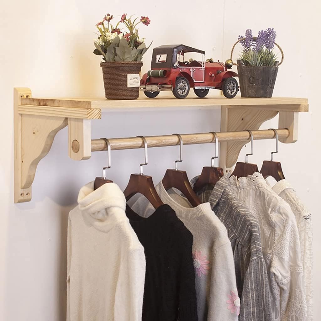 Wall Mounted Clothes Rail with Wooden Shelf,Clothes Storage Rack,Clothes Rack,Commercial Clothing Shelf/80x30x32cm(