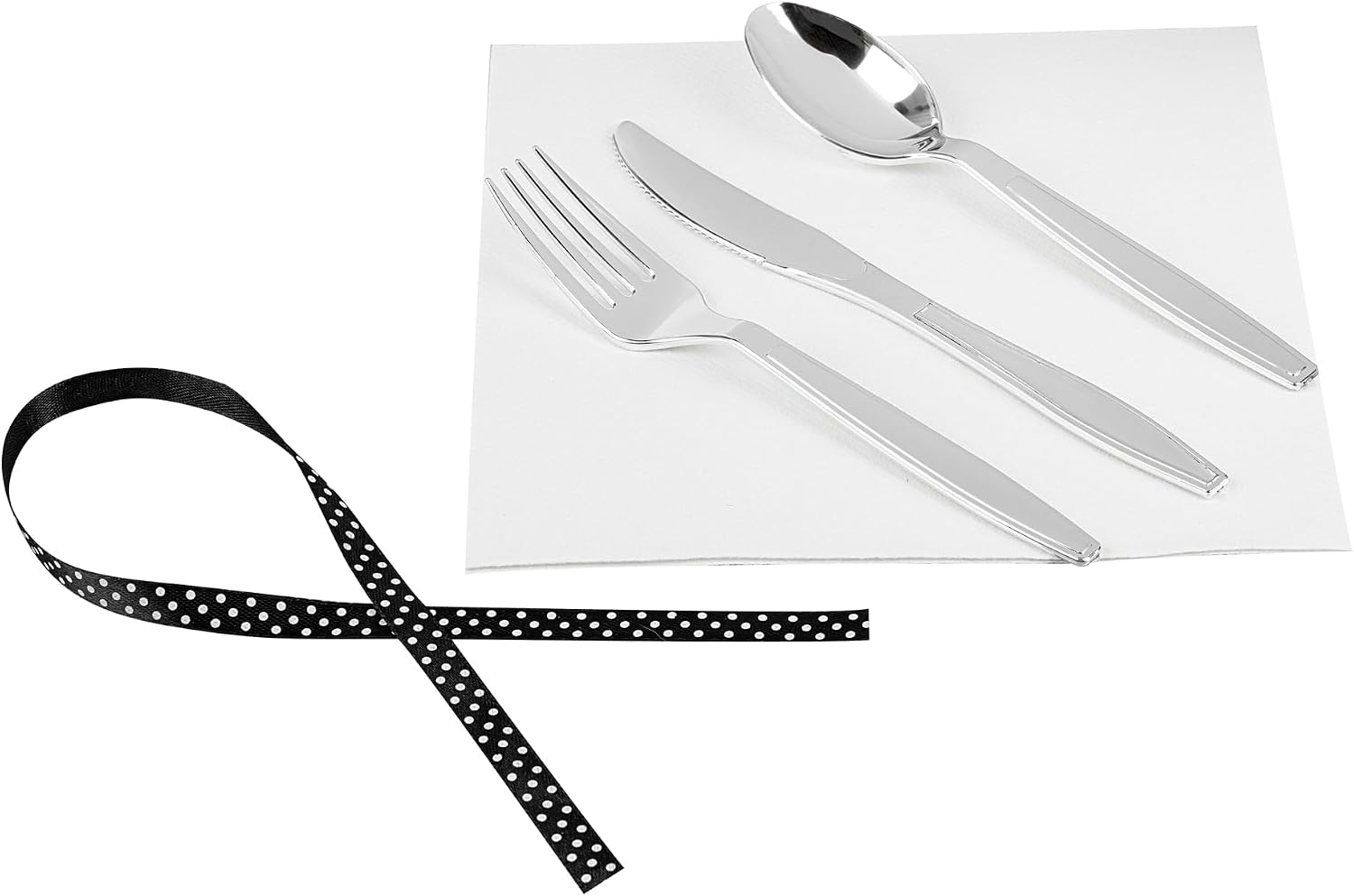 Restaurantware-7.3 Inch x 2 Inch Plastic Cutlery Sets, 100 Flatware Sets - Polka Dot Ribbon, With White Napkin, Individually Wrapped, Silver Plastic Disposable Cutlery Sets, For Weddings And Events