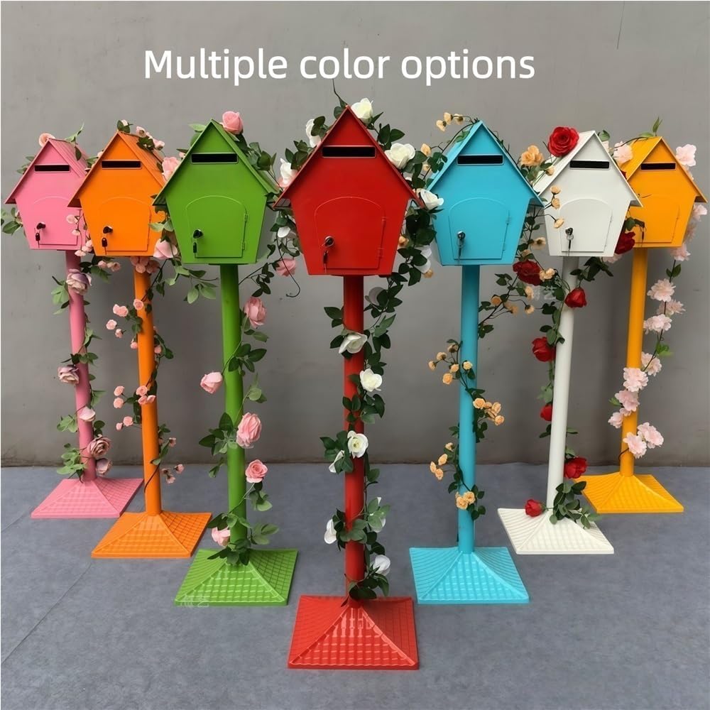 Iron Post Mailbox with Stand, Decorative Cottage Mail Box with Artificial Flowers, Outdoor Mailbox for Courtyard and Exterior Use(Red)
