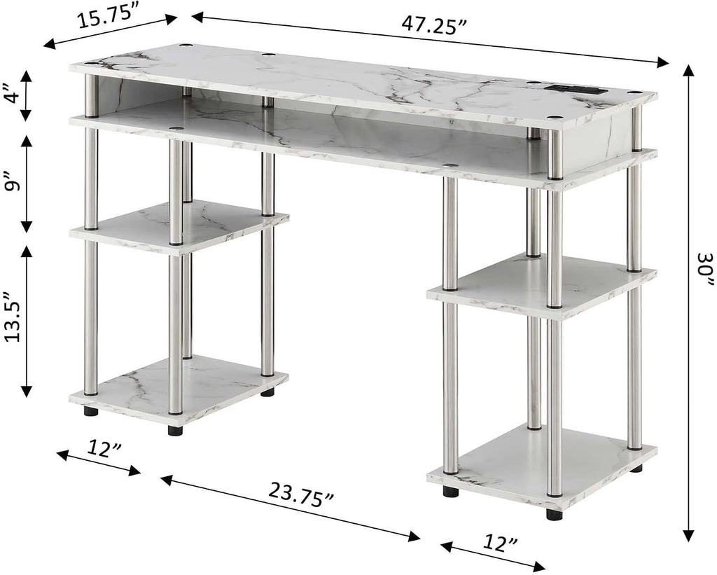 Convenience Concepts Designs2Go No Tools Student Desk with Charging Station and Shelves, White Marble