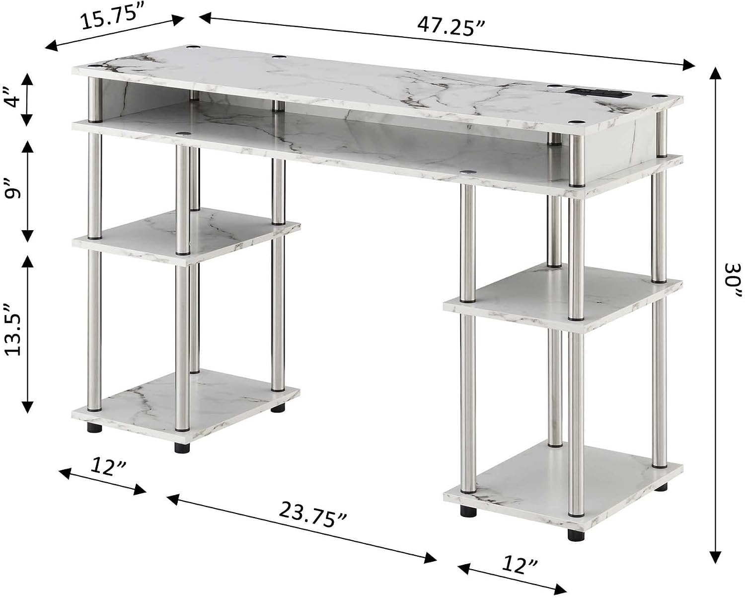 Convenience Concepts Designs2Go No Tools Student Desk with Charging Station and Shelves, White Marble