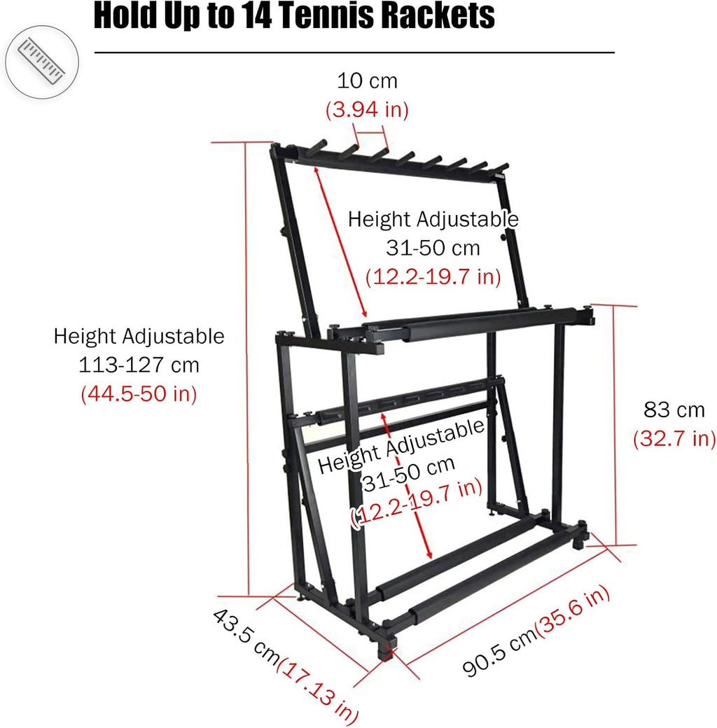 REMYS Commercial Gym Exercise Ball Holder Kids Adults Tennis Racket Storage Rack Height Adjustable, Racquet Training Equipment for Garage Backyar Tennis Court, Floor-Standing Display Stand