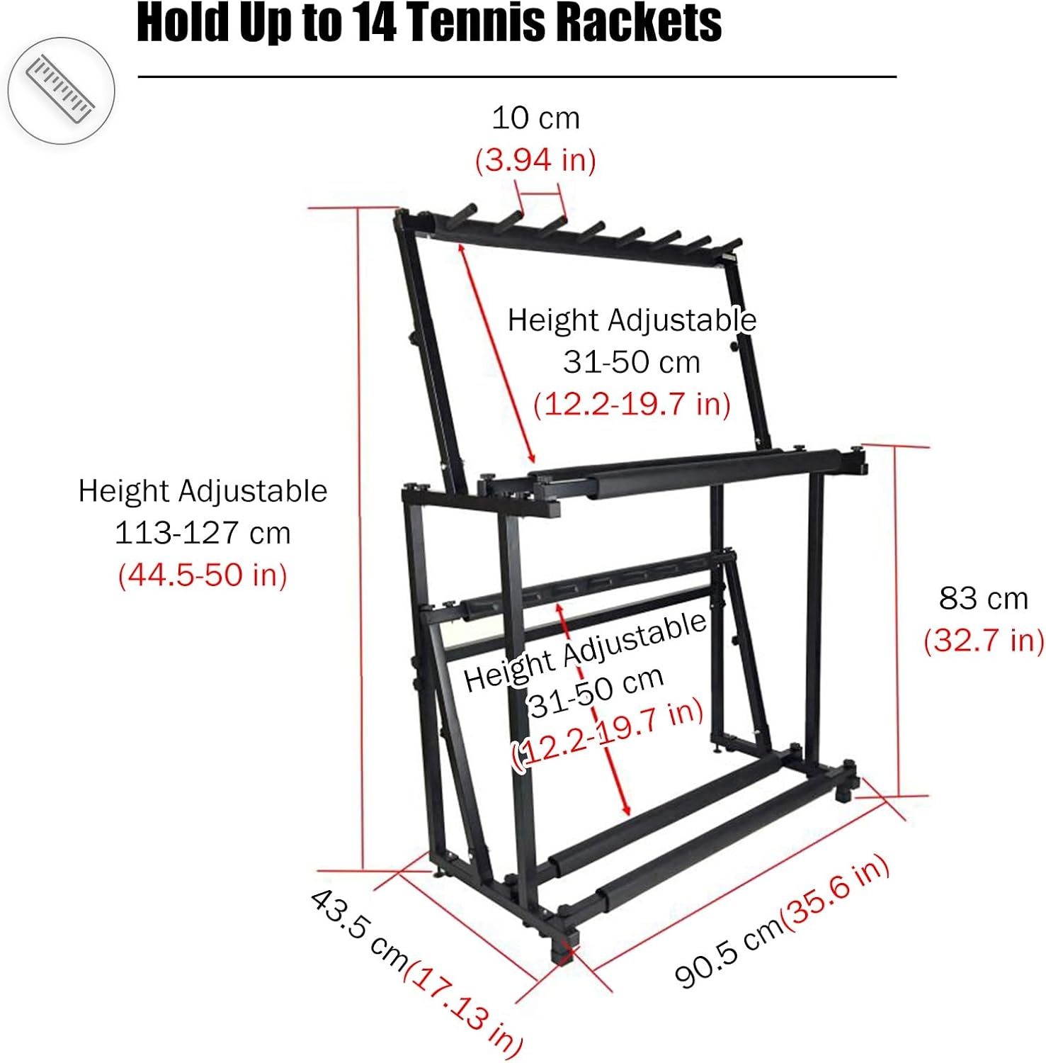 REMYS Commercial Gym Exercise Ball Holder Kids Adults Tennis Racket Storage Rack Height Adjustable, Racquet Training Equipment for Garage Backyar Tennis Court, Floor-Standing Display Stand
