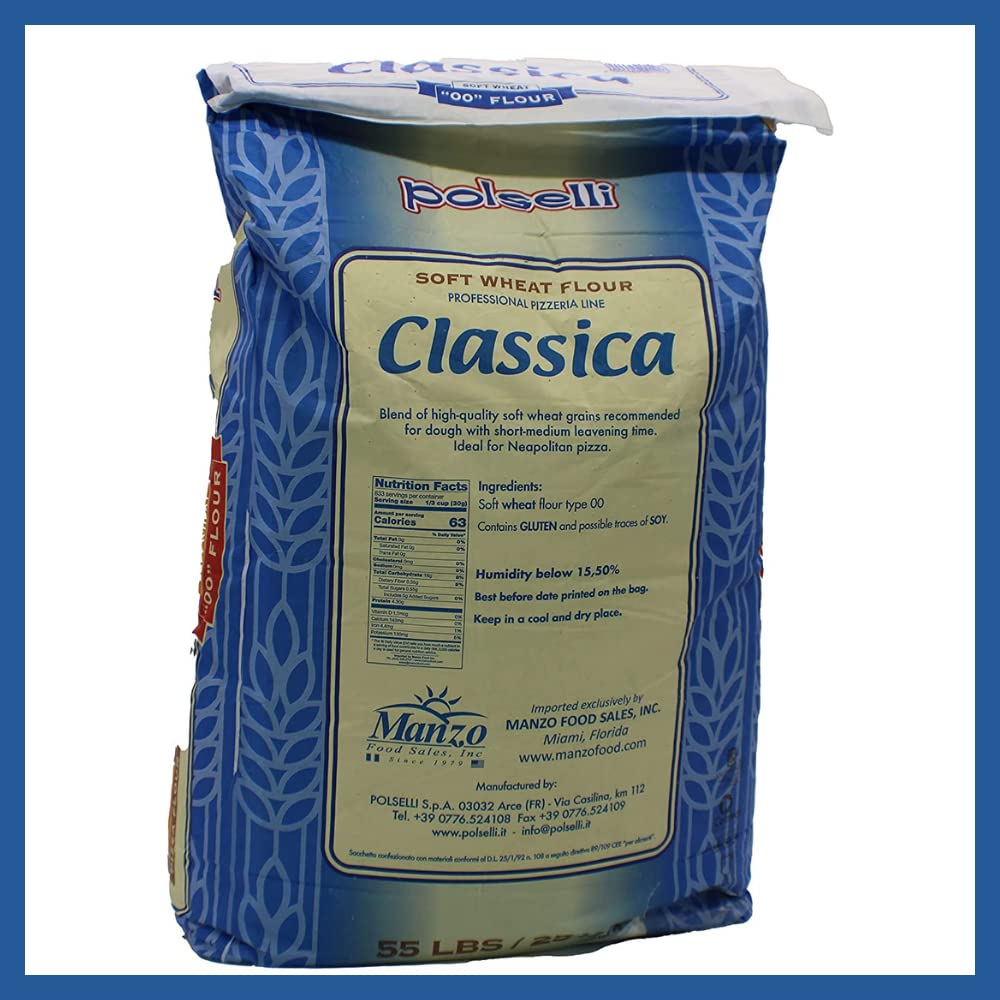 POLSELLI Classica, Tipo 00 Double Zero Flour, Soft Wheat, 25 kg (55 lbs) | All-Natural Type '00' European Flour For Pizza, Bread, Pastas, 8+ Hour Rise Dough; Unbleached, Unbromated, No Additives.