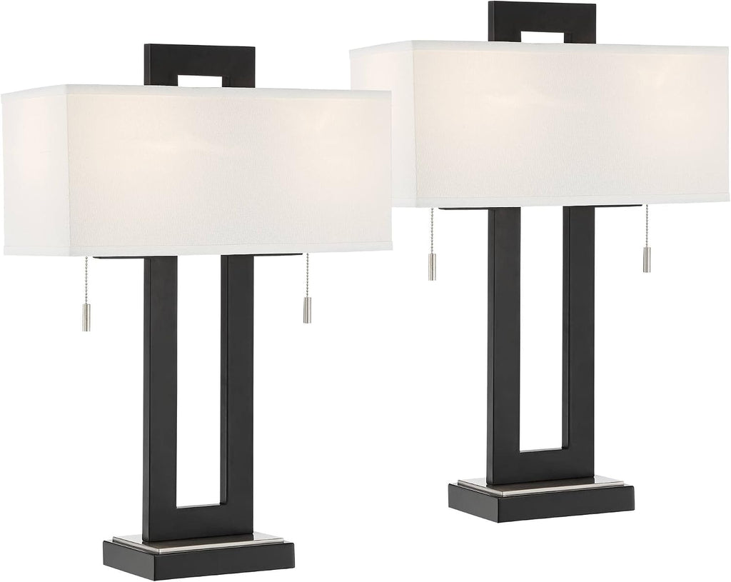 360 Lighting Neil 26' High Rectangular Rustic Modern Table Lamps Set of 2 USB Port Pull Chain Black Metal White Shade Living Room Charging Bedroom Bedside Nightstand House Office Entryway