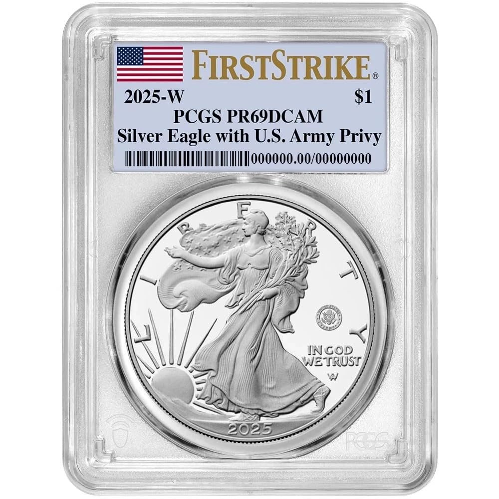 2025-W American Silver Eagle Proof Dollar, Army Privy Mark, PCGS PR69DCAM, First Strike, 250th Anniversary