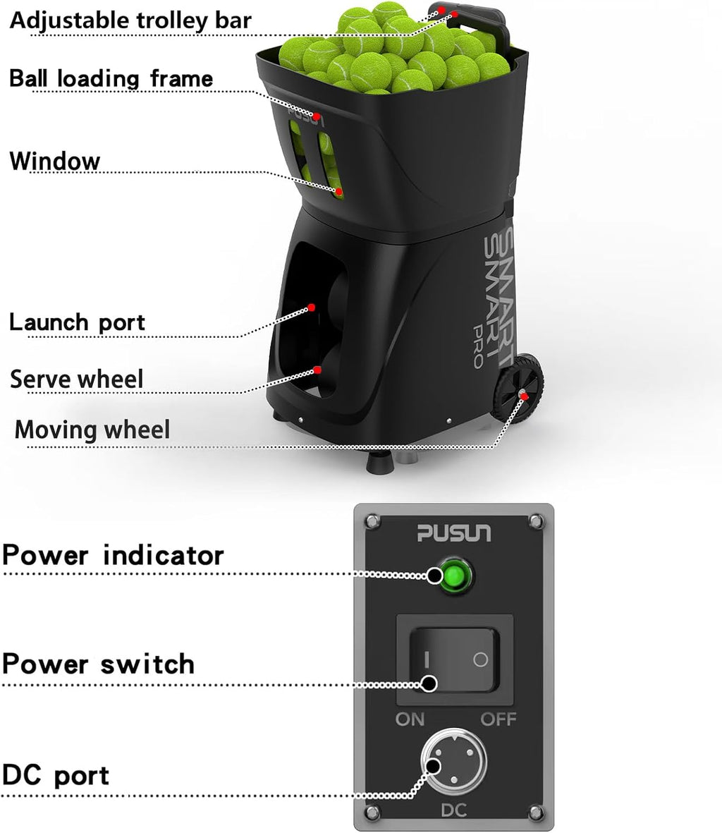 PT-Smart PRO Tennis Ball Machine with Apple Watch/APP/Remote Control, 12 Spin Modes, 110-Ball Capacity, Portable Ball Launcher, 6-Hour Battery for Tennis Training, Beginners & Pros