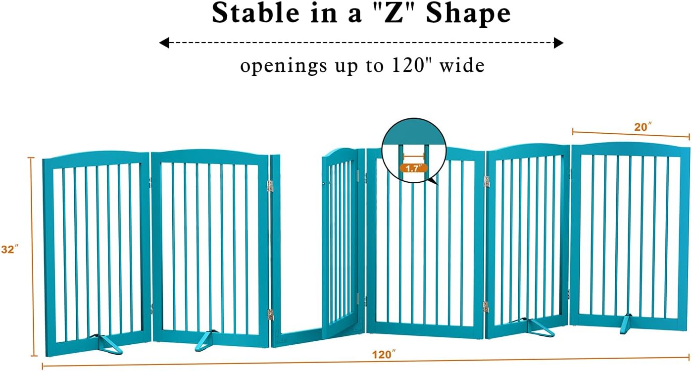 PUPETPO Freestanding Pet Gate with Door, Tall Dog Gate for House, Extra Wide, Pet Puppy Safety Fence, Support Feet Included, 120 Inch Wide, 6 Panels 32' Tall, Blue