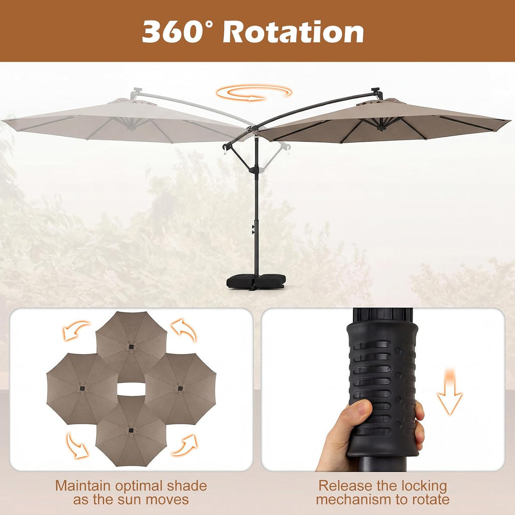 Tangkula 10ft Solar Patio Umbrella with Base Included, Offset Cantilever Outdoor Umbrella with 32 LED Lights, 360 Degree Rotation, Crank Handle for Pool Deck Garden Backyard (Tan)