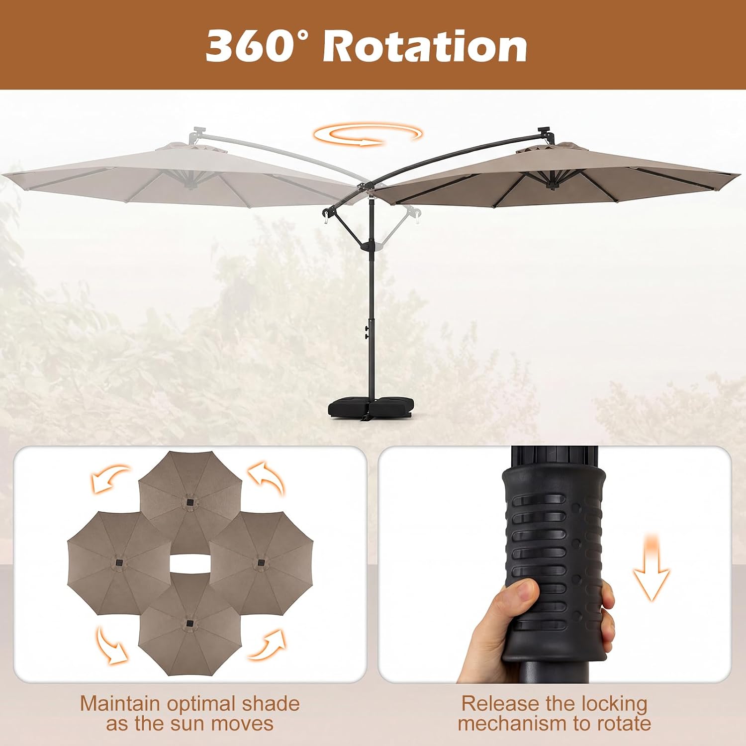 Tangkula 10ft Solar Patio Umbrella with Base Included, Offset Cantilever Outdoor Umbrella with 32 LED Lights, 360 Degree Rotation, Crank Handle for Pool Deck Garden Backyard (Tan)