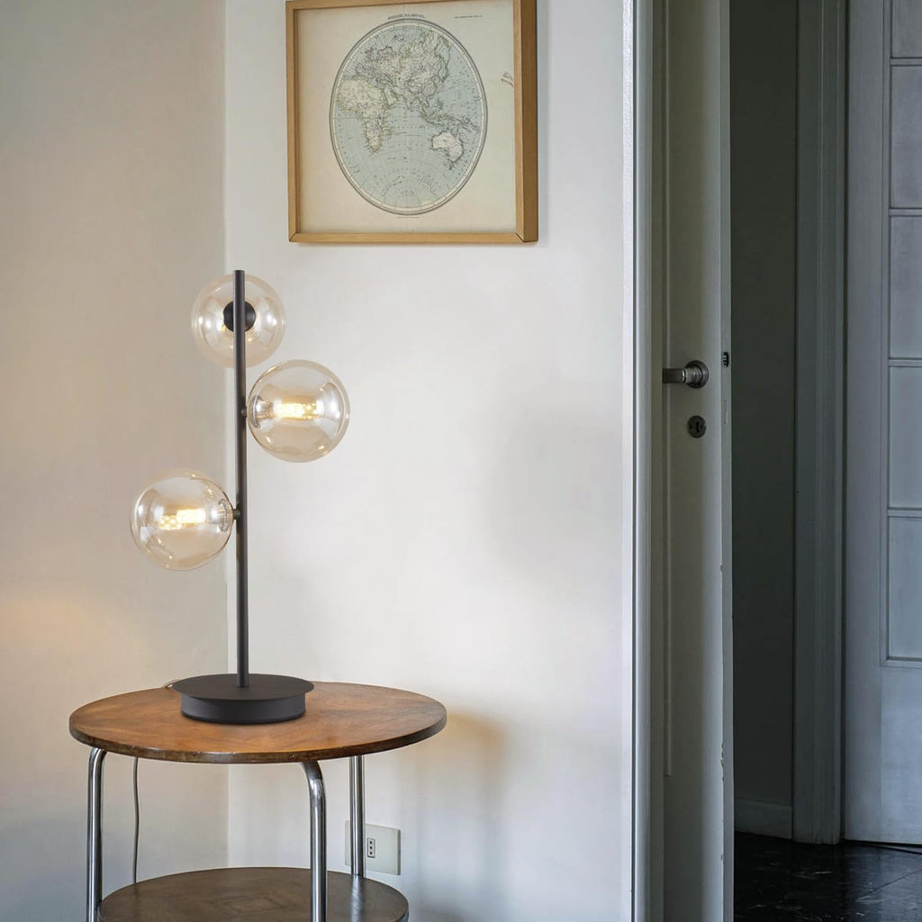 Mid Century Modern 3 Lights Globe Table Lamp Contemporary Minimalist Tall Bedside Desk Lamp Farmhouse Cognac Glass Nightstand Lamps Vintage Reading Light for Bedroom Living Room MTL03-B