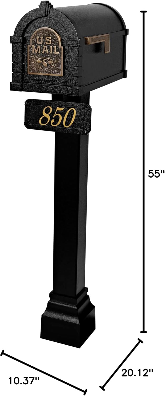Gaines - Keystone Standard Post and Mailbox Package with Personalized Address Plaque and Decorative Cuff (Black with Antique Bronze Eagle)