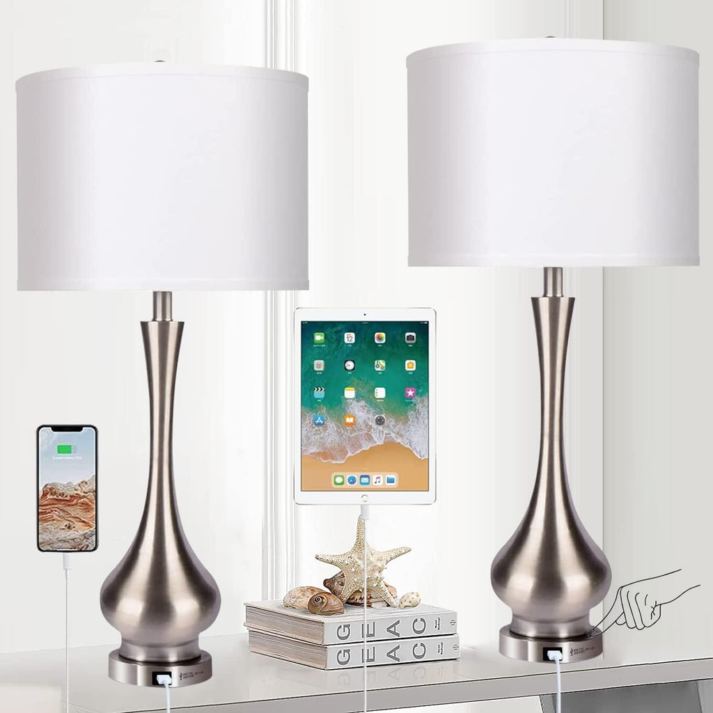 30' Large Modern Table Lamps Set of 2 for Living Room Bedroom with USB Charging Port,3-Way Dimmable Brushed Steel Nightstand Lamp Sets Bedside Touch Desk Lamp with White Fabric Shade (Bulb Included)