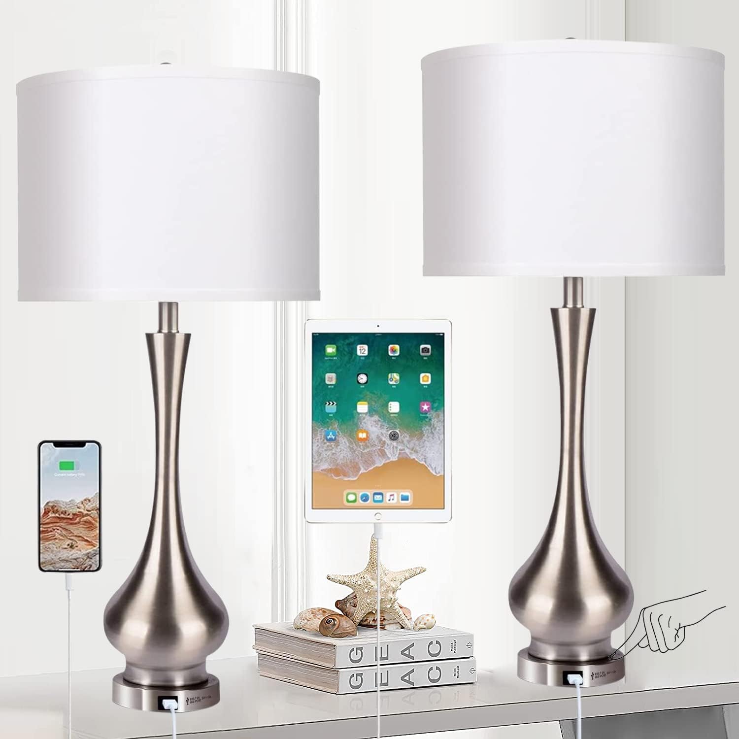 30' Large Modern Table Lamps Set of 2 for Living Room Bedroom with USB Charging Port,3-Way Dimmable Brushed Steel Nightstand Lamp Sets Bedside Touch Desk Lamp with White Fabric Shade (Bulb Included)