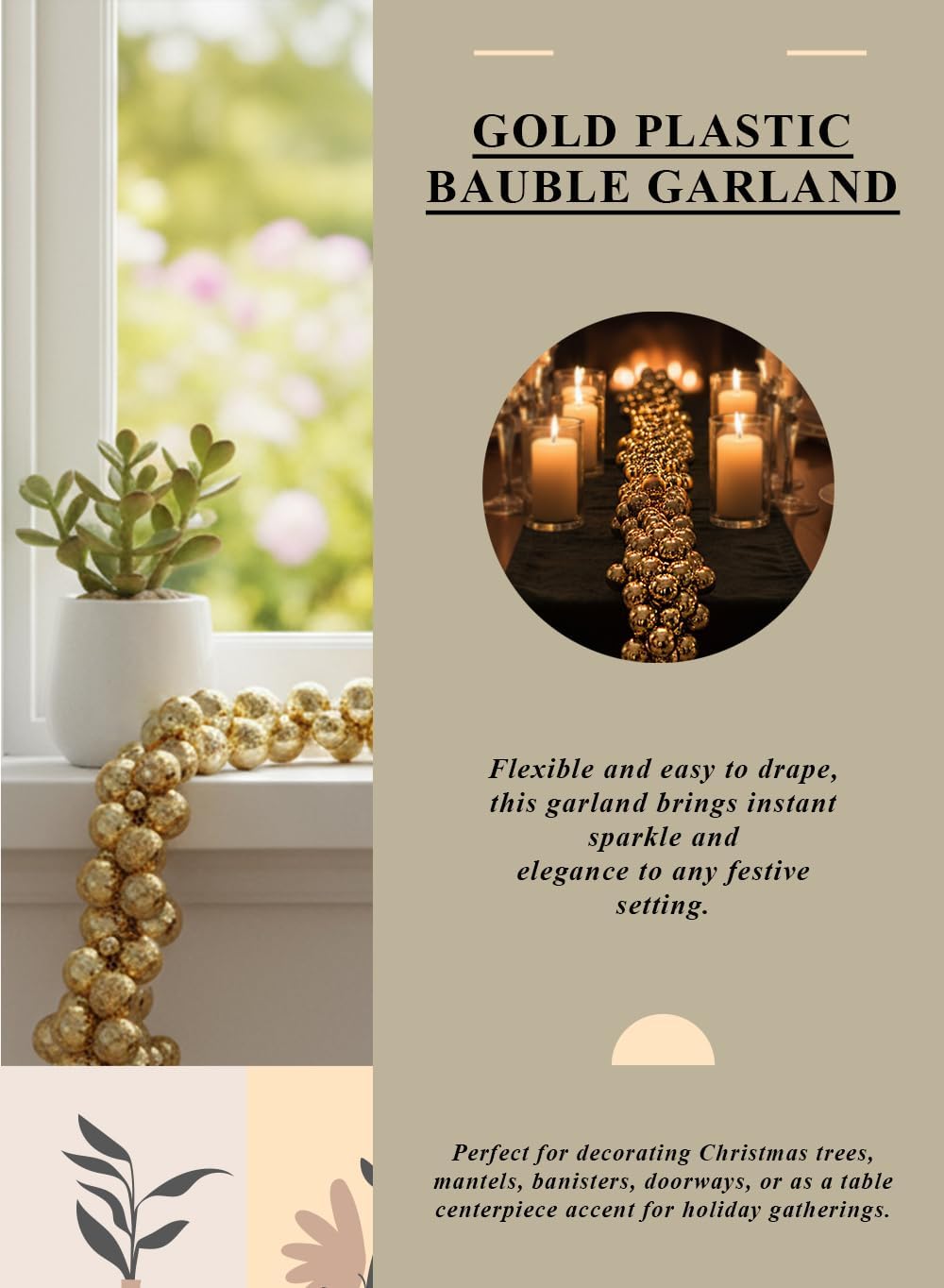 Serene Spaces Living Gold Plastic Bauble Garland, Christmas Tree, Mantel, Banister, Doorway & Holiday Party Décor, 84' Long