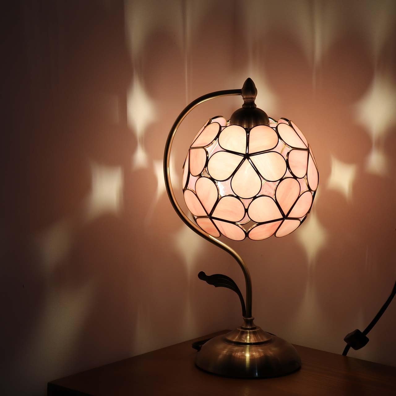 Bieye L10836 Tiffany Style Stained Glass Flower Petal Table Lamp with Brass Base for Home Décor (Pink, 8' Flower Ball)