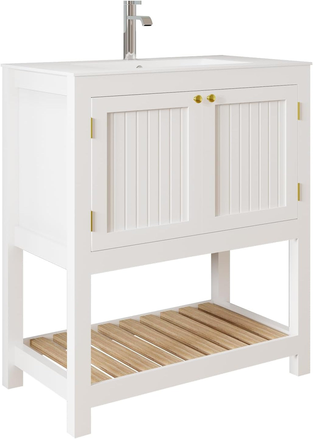 30 Inch Bathroom Vanity with Sink, Modern Bathroom Sink Cabinet with Open Shelf, Ceramic Basin, Freestanding Bathroom Vanities, White