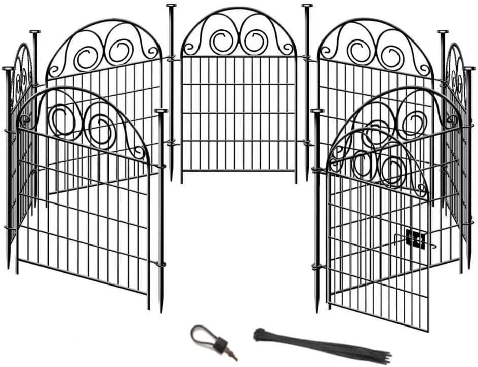 Getlay Tall Garden Animal Barrier Fence With Gate, 32 in(H)×27 in(L) 8 Panels Dog Digging Fencing Barrier, Black Metal Temporary Fence, Reusable Defense Fences For Outdoor Yard. Total 17.5 Ft│Patented