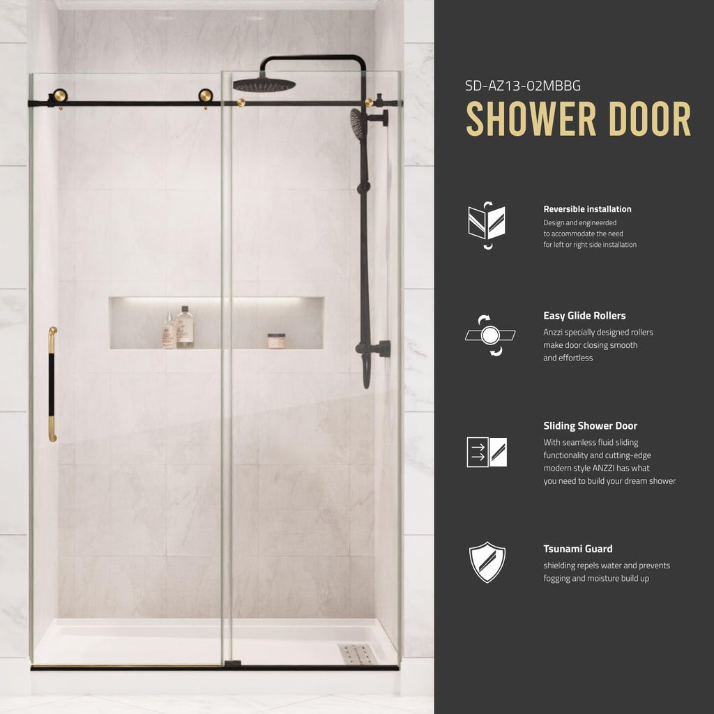 ANZZI Frameless Shower Door 76' x 60' Frameless Shower Door with Sliding - Matte Black and Brushed Gold - Madam Series