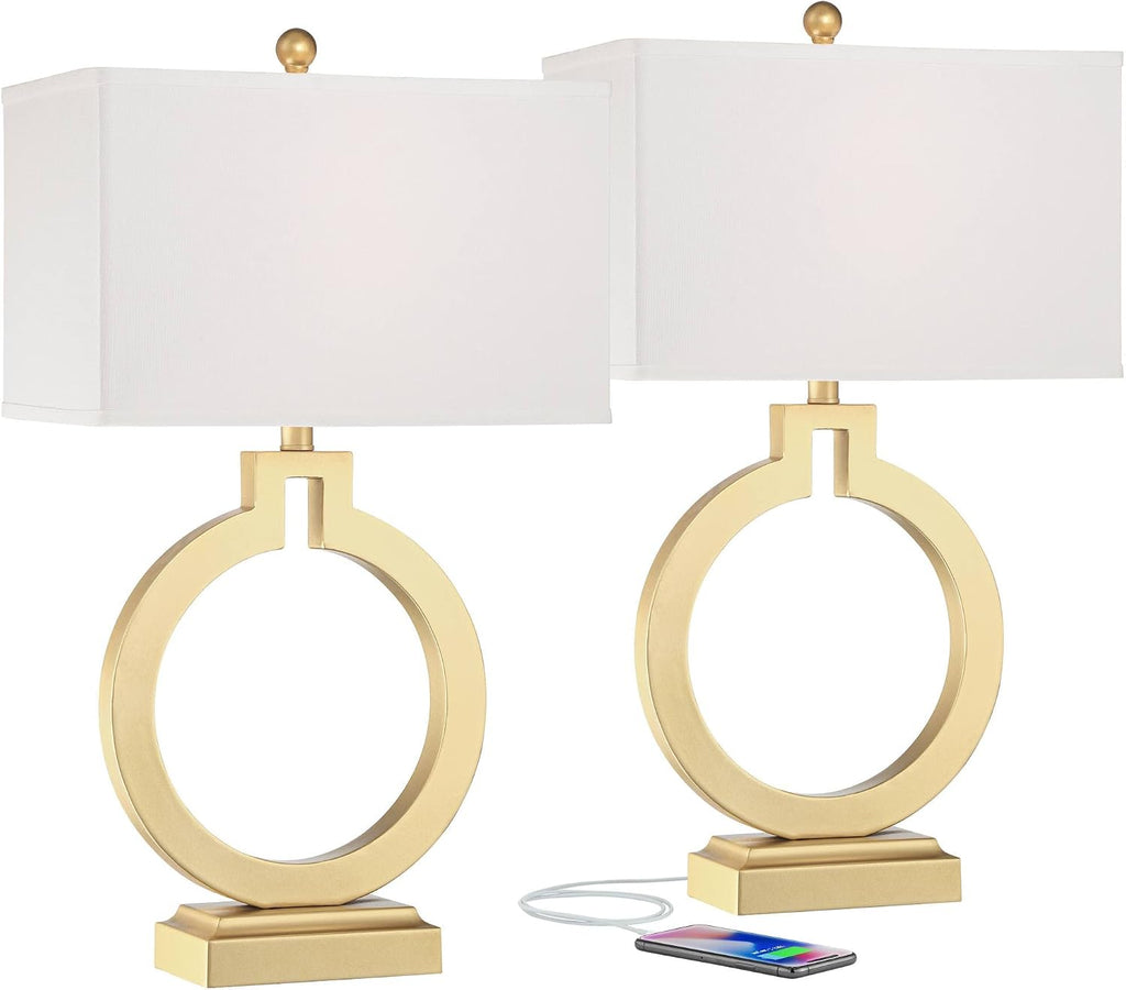 360 Lighting Modern Table Lamps 28 1/2' Tall Set of 2 with USB Charging Port Brushed Gold Open Ring White Rectangular Shade for Bedroom Living Room House Bedside Nightstand Office Family