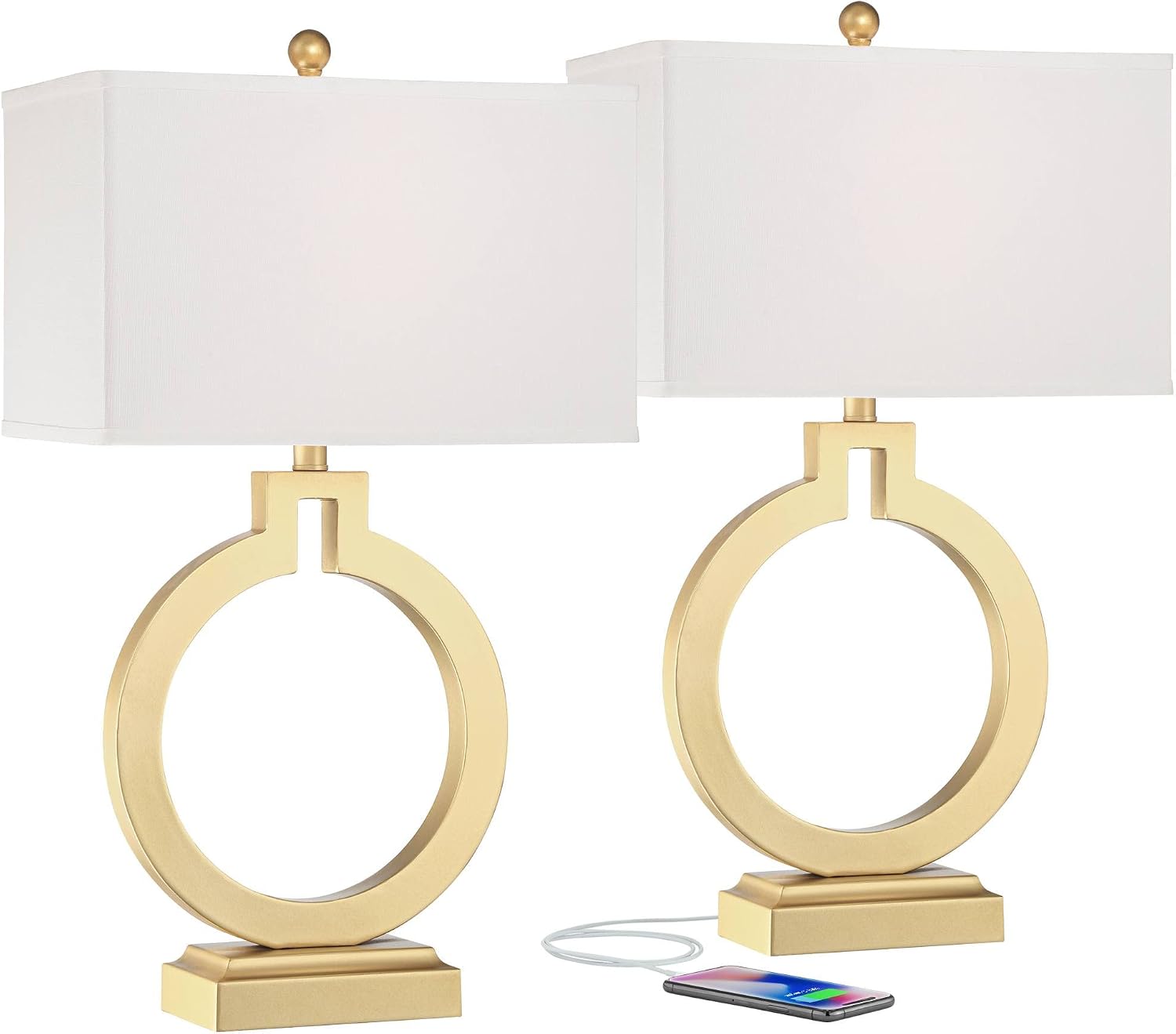 360 Lighting Modern Table Lamps 28 1/2' Tall Set of 2 with USB Charging Port Brushed Gold Open Ring White Rectangular Shade for Bedroom Living Room House Bedside Nightstand Office Family