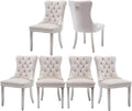 Velvet Dining Chairs Set of 6, Tufted Upholstered Dining Room Chairs with Back Ring Pull, Nailhead Trim and Sliver Stainless Steel Legs, Modern Dinning Chairs for Dining Room, Kitchen(Beige)