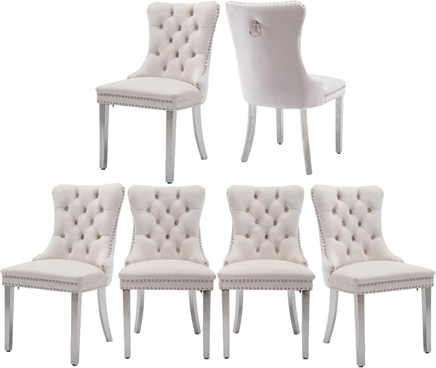 Velvet Dining Chairs Set of 6, Tufted Upholstered Dining Room Chairs with Back Ring Pull, Nailhead Trim and Sliver Stainless Steel Legs, Modern Dinning Chairs for Dining Room, Kitchen(Beige)