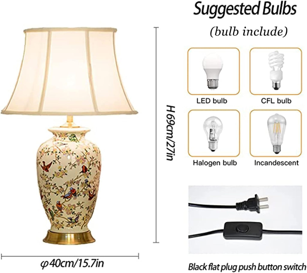 White 27' Flower and Bird Ceramics Table Lamp Chinoiserie Desk Lamp,Fabric Drum Shade,Gold Base, Tall Table Lamp Decor for Living Room Bedroom Bedside Office College Bookcase