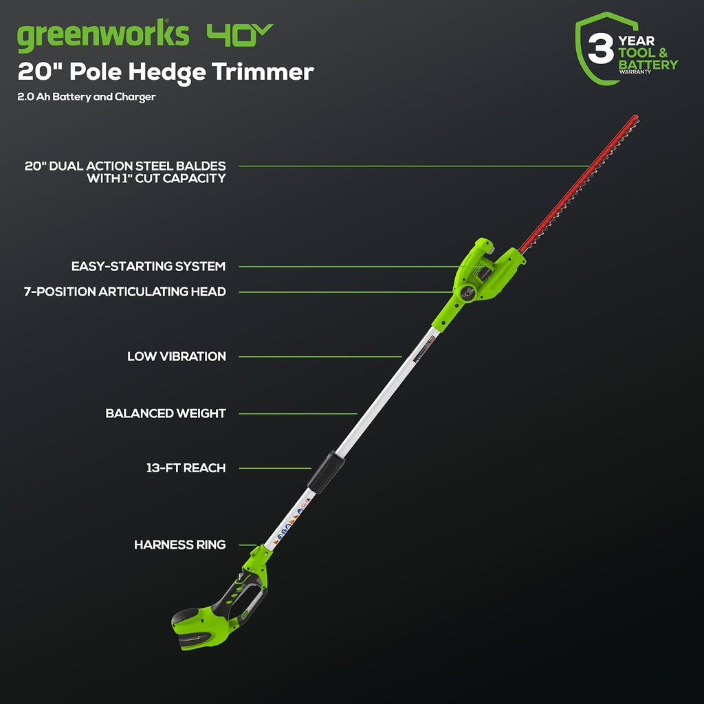 Greenworks 40V 20' Cordless Pole Hedge Trimmer, 2.0Ah Battery and Charger Included