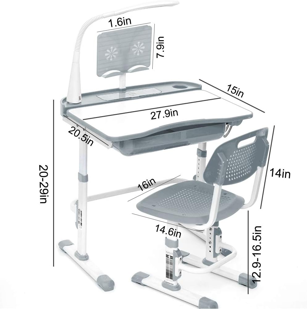 Cantonape Kids Desk and Chair Set, Height Adjustable Children School Study Desk with Tilt Desktop, Bookstand, LED Lamp, Metal Hook and Storage Drawer for Boys Girls, Grey