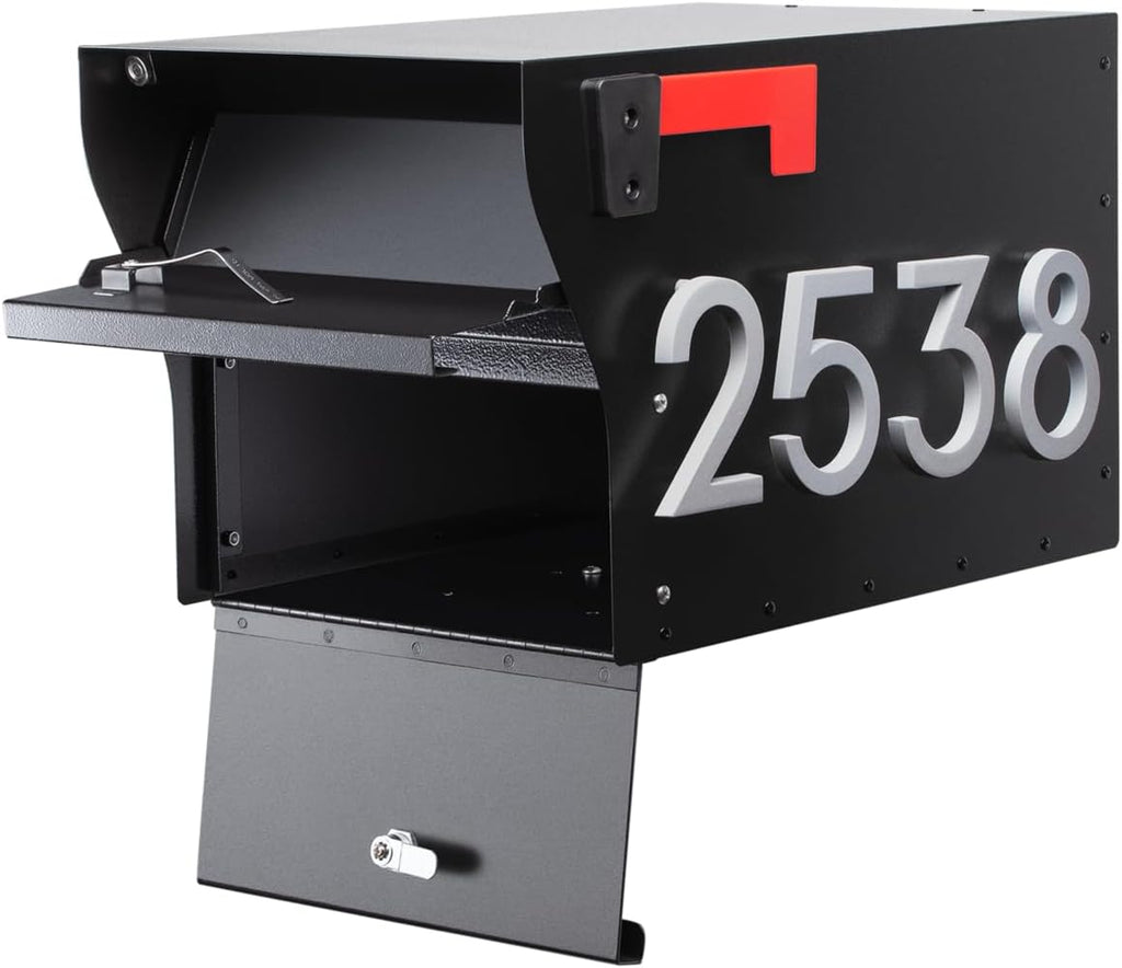 Whitehall MailVault Streetside Locking Mailbox, Personalize with Modern Stand-Off Address Numbers Package – Steel, Secure Weather Resistant Modern Square Mailbox (Black/Silver)
