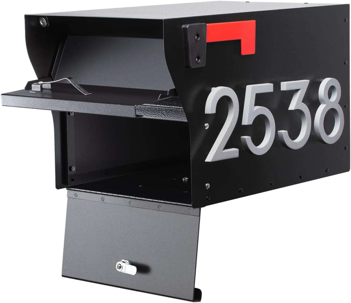 Whitehall MailVault Streetside Locking Mailbox, Personalize with Modern Stand-Off Address Numbers Package – Steel, Secure Weather Resistant Modern Square Mailbox (Black/Silver)