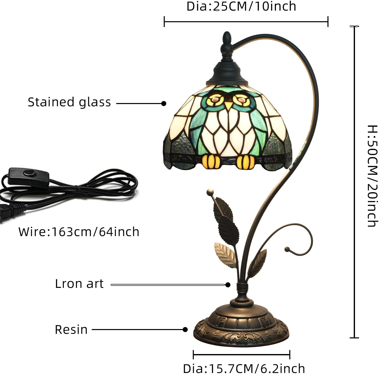 Tiffany Table Lamp Owl Stained Glass Bedside Lamp Tiffany Style S Metal Leaves Desk Light for Home Living Room Office Dormitory Bar Family Friends Gift