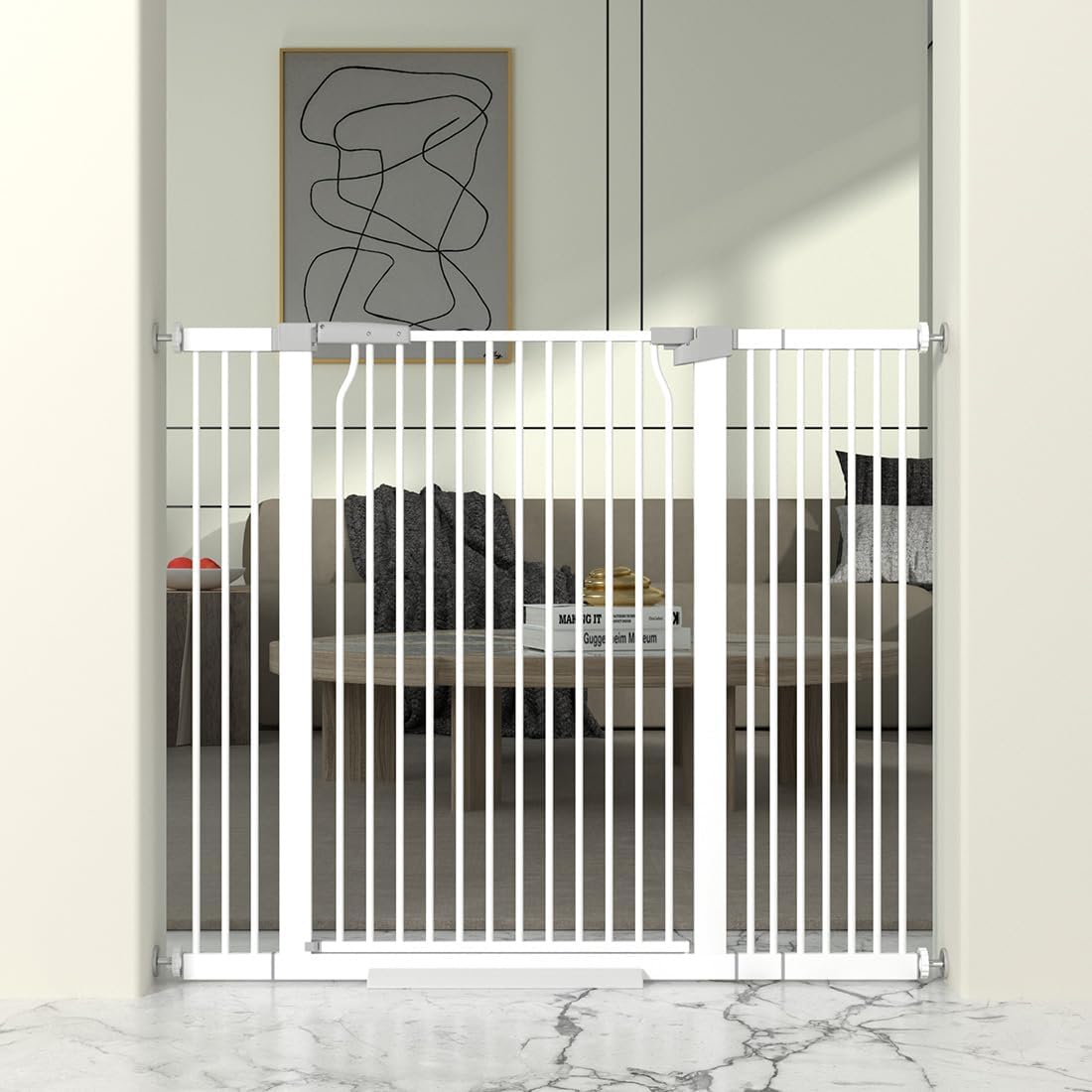 41' Extra Tall Cat Gate for Doorway, 40.6-49.1'' Metal Pet Baby Safe Gate, Extra Wide Pressure Mounted Child Door with Expansion Kit, No Drilling Cat Fence Indoor, Tall Dog Gate, White