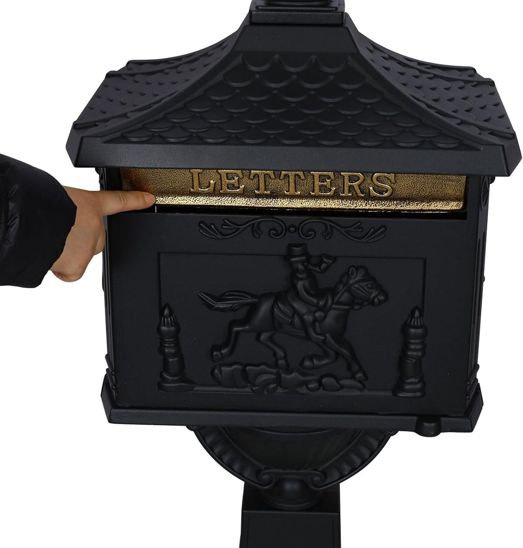 Cast Aluminum Post Mount Mailbox, Heavy Duty Courtyard Villa Decoration Vertical Security Postal Mailbox, Black