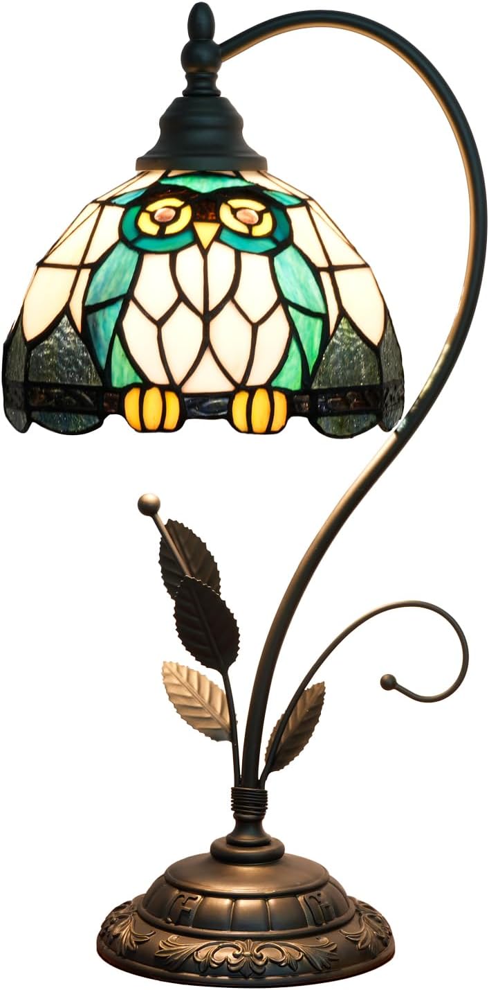 Tiffany Table Lamp Owl Stained Glass Bedside Lamp Tiffany Style S Metal Leaves Desk Light for Home Living Room Office Dormitory Bar Family Friends Gift