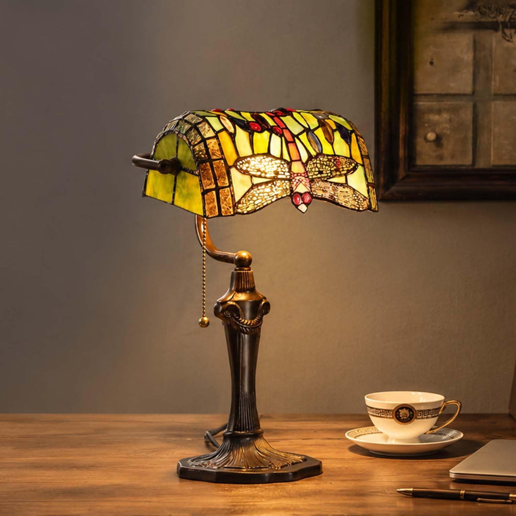 Bieye L10058 Dragonfly Tiffany Style Stained Glass Banker Table Lamp with 10-inch Wide Lampshade and Zinc Base for Reading Working Desk (Green)
