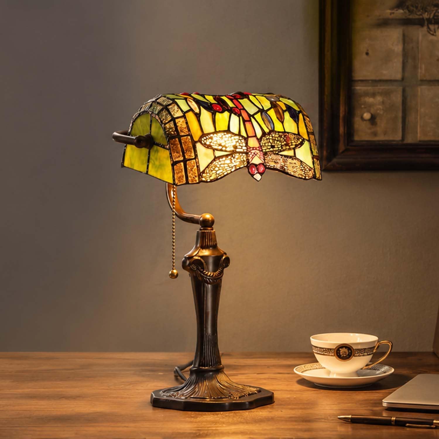 Bieye L10058 Dragonfly Tiffany Style Stained Glass Banker Table Lamp with 10-inch Wide Lampshade and Zinc Base for Reading Working Desk (Green)