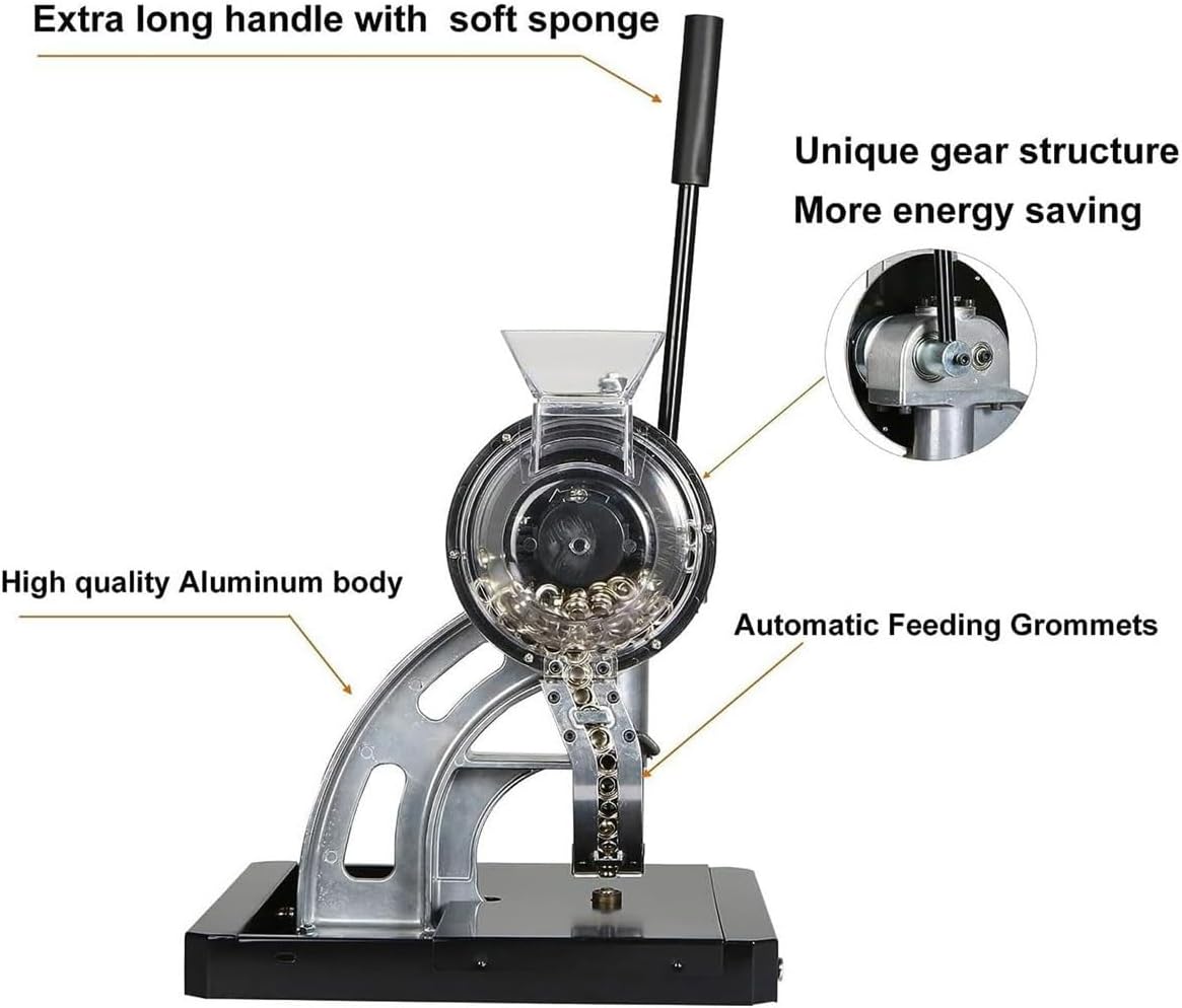 Semi-Automatic Hand Press Grommet Machine,6/10/12 mm Commercial Puncher Eyelet Feeding Tool with 3/8'(10 MM) Grommet, Tarp Grommet Kit for Fabrics, Canvas, Awnings(10mm)