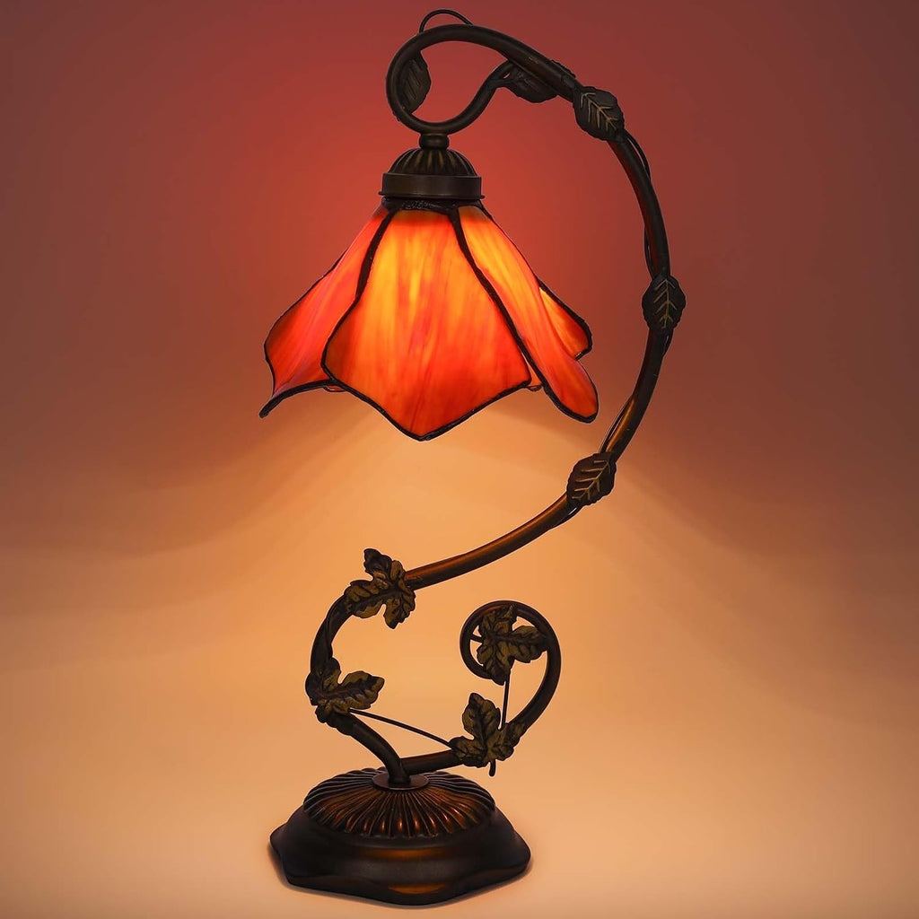 Stained Glass Table Lamp, Orange-Red Flower Style Metal Leaf Base Desk Reading Light, Adjustable 3 Color Temperature Decor for Bedroom Home Office