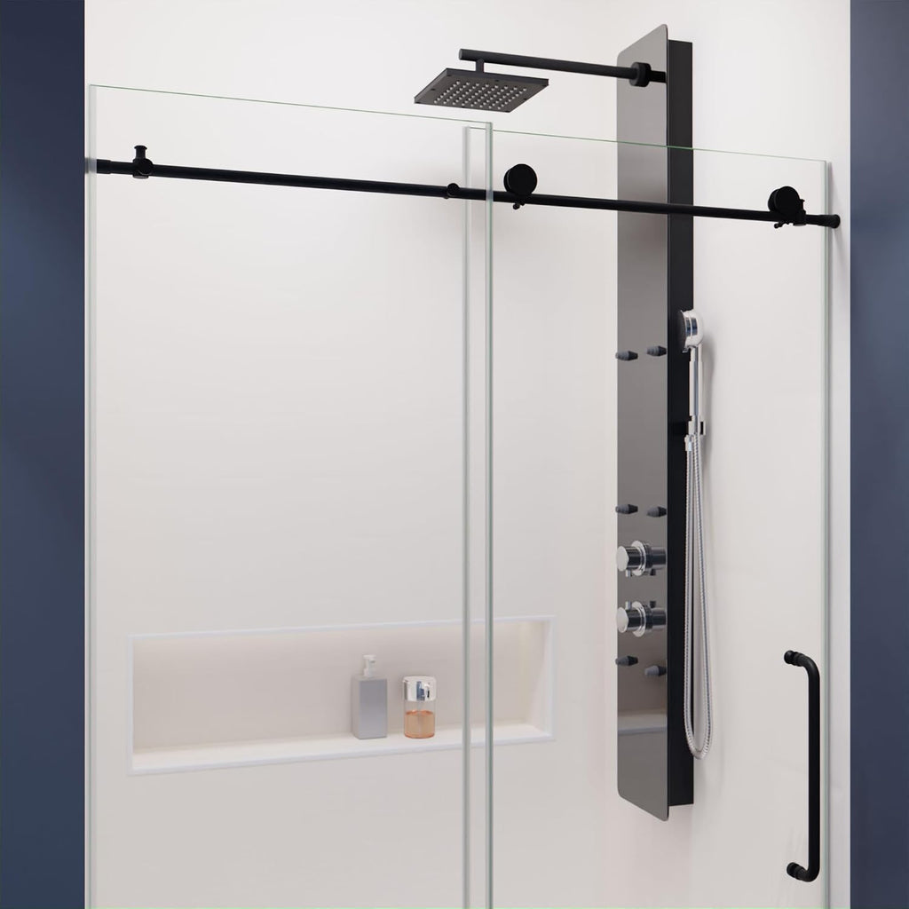 ANZZI 76' x 48' Frameless Shower Door, Matte Black, Madam Complete Shower Kit, Water Repellent Sliding Glass Panel + Bottom Seal Strip Parts + Easy Glide Rollers (SD-AZ13-01MB)
