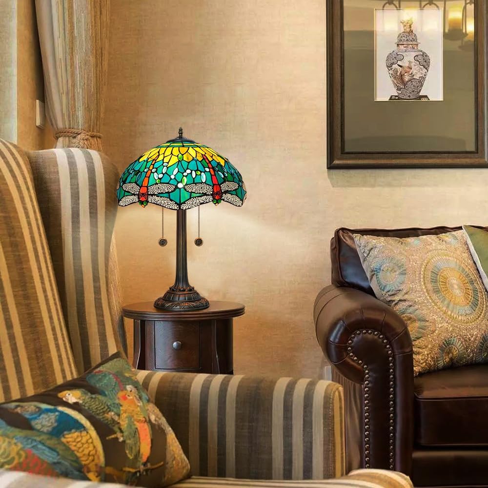 Tiffany Lamp Dragonfly Style Stained Glass Table Lamp 16X16X23 Inch Home Office Bedroom Bedside Light Vintage Unique Esthetic Decor Light (Bulb Include)