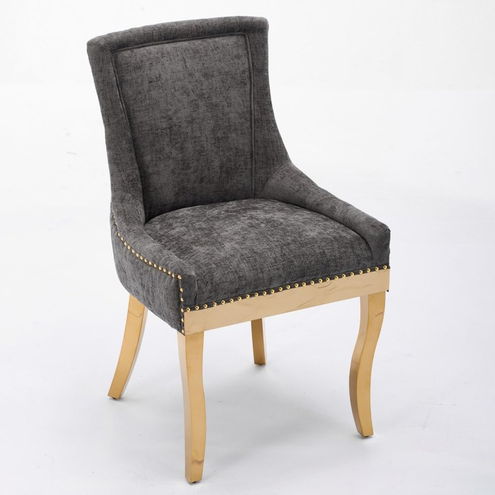 Chenille Dining Chairs Set of 2, Modern Upholstered Accent Chairs with Curved Gold-Plated Legs & Rivet Trim, Textured Fabric, One-Piece Structure for Dining/Lounge(Gray + Chenille)