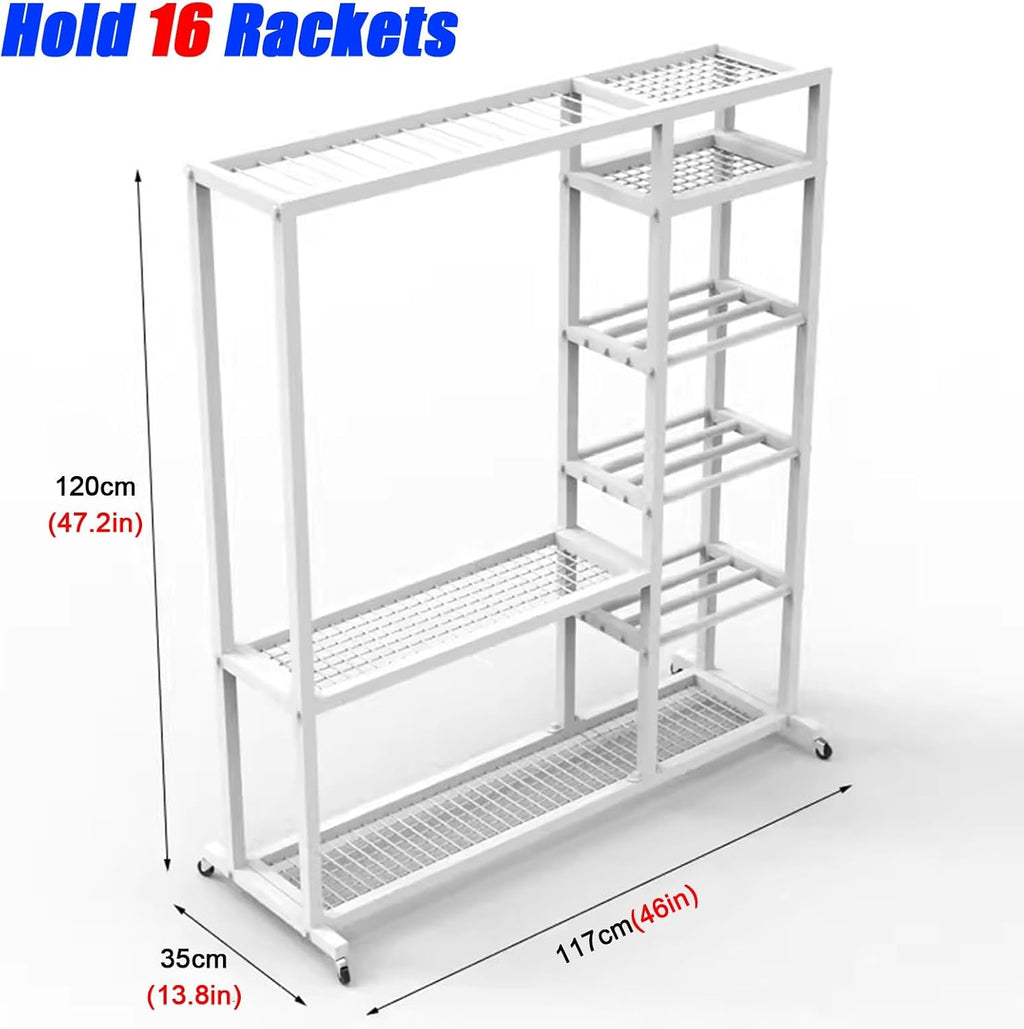 LZMZMQ Tennis Racquet Storage Rack White Metal, Portable Rolling Badminton Racket Display Cart, Comemrcial Table Tennis Racket Organizer Holder, Can Hold 16pcs Rackets