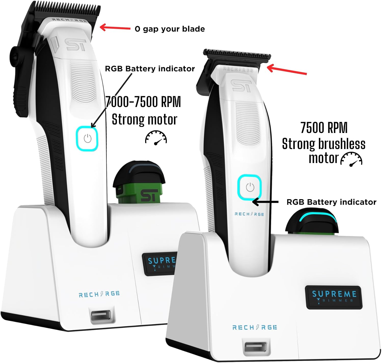 Supreme Trimmer 2-in-1 Recharge Hair Clipper & Beard Trimmer Combo | 7500 RPM, Removable Battery, Smart USB Charging Base | STC779 + ST777